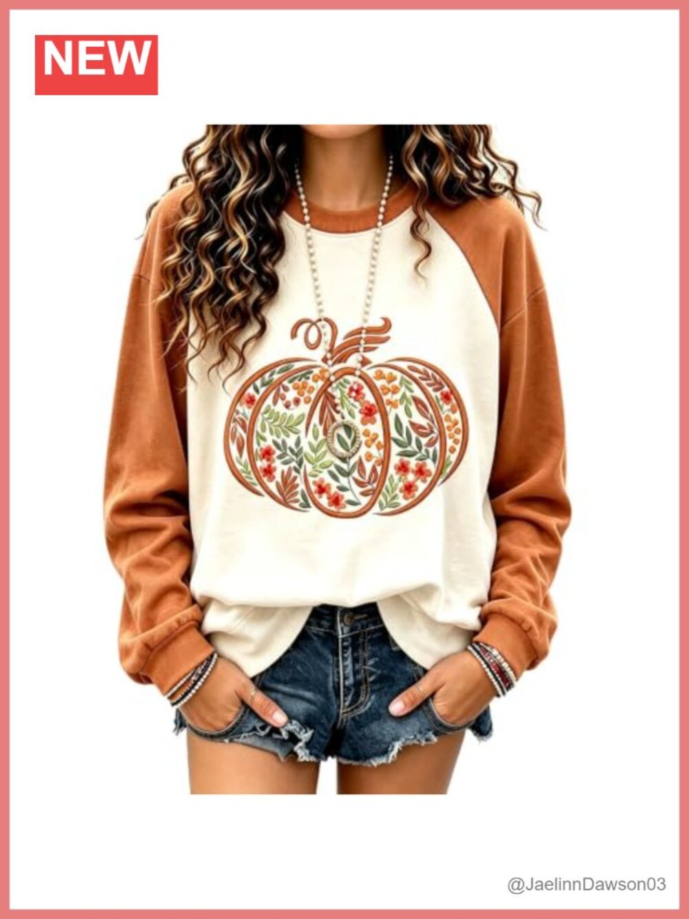 Floral Pumpkin Embroidered Halloween Sweatshirt Cotton Blend Raglan Sleeve